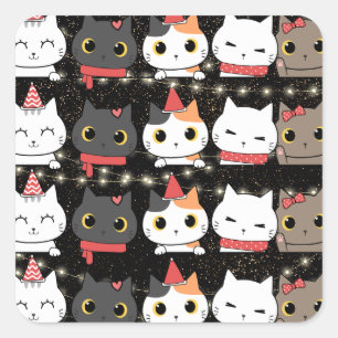Niedliche Weihnachten Geburtstag Katze Faces Nahtl Quadratischer Aufkleber