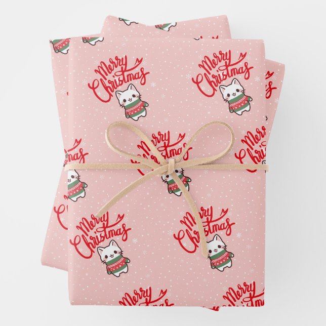 Niedliche Weihnachten Kawaii Kitten auf Red Backgr Geschenkpapier Set (Beispiel)