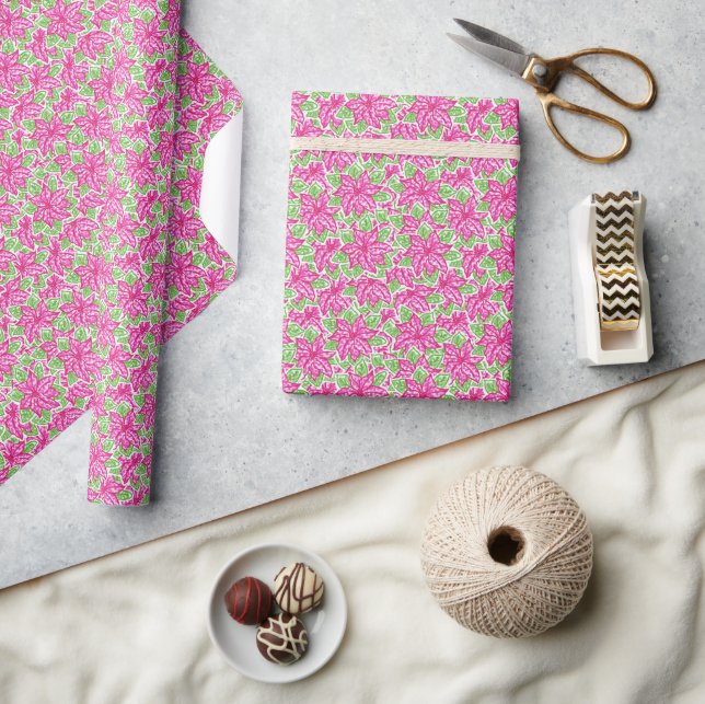 Niedliche Weihnachten Pink & Green Poinsettias Geschenkpapier (Kunsthandwerk)