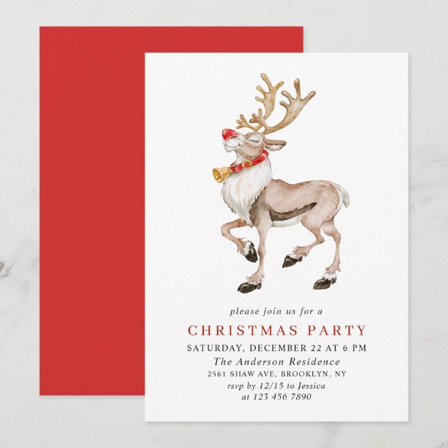 Niedliche Weihnachts-Cartoon Reindeer Holiday Part Einladung (Vorne/Hinten)