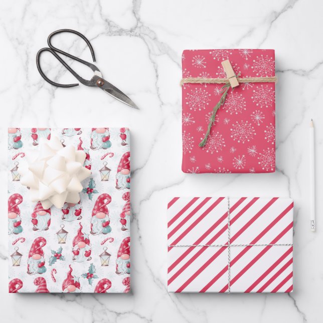 Niedliche Weihnachts-Gnome-Schneeflocken Streifen  Geschenkpapier Set (Vorderseite)