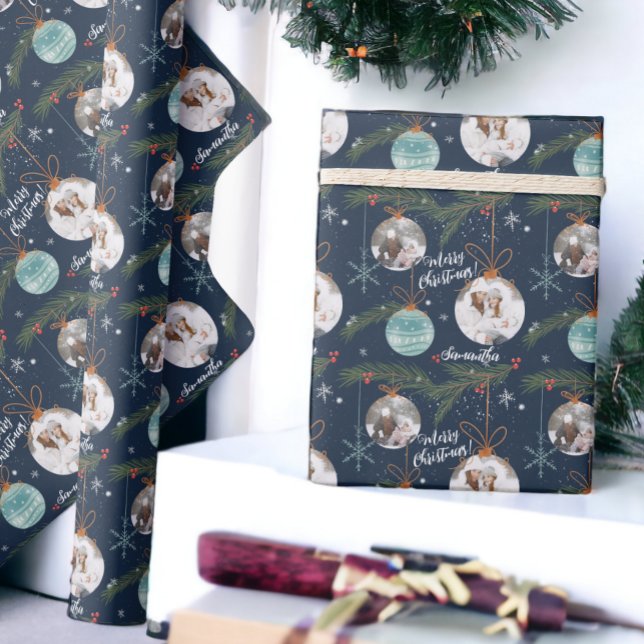Niedliche Weihnachts-Illustration Name 2 Fotos Geschenkpapier (Cute merry Christmas illustration name 2 photos Wrapping Paper)