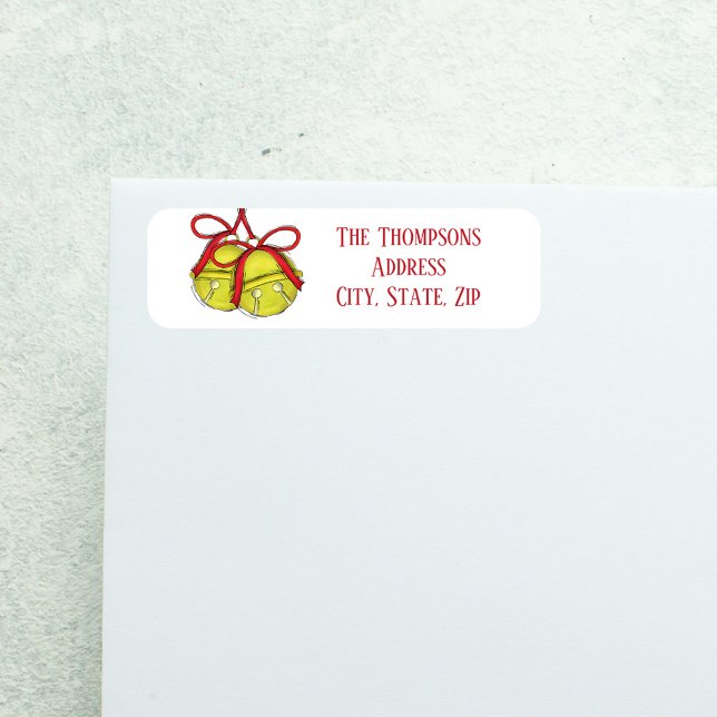 Niedliche Weihnachts-Mailing (Festive Christmas return address label with gold jingle bells and red ribbon bow.)