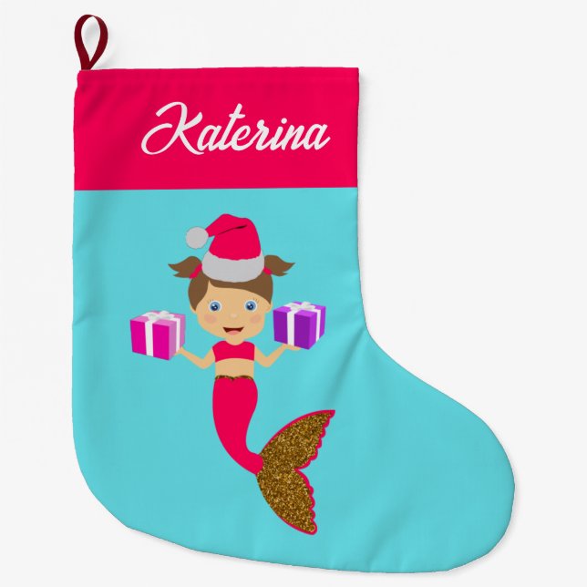 Niedliche Weihnachts-Meerjungfrau-Weihnachtsmannmü Großer Weihnachtsstrumpf (Vorderseite)