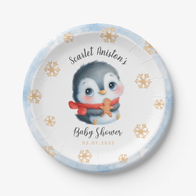 Niedliche Weihnachts-Penguin-Kinderdusche Pappteller (Vorderseite)