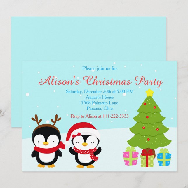 Niedliche Weihnachts-Pinguine und Baum Einladung (Vorne/Hinten)