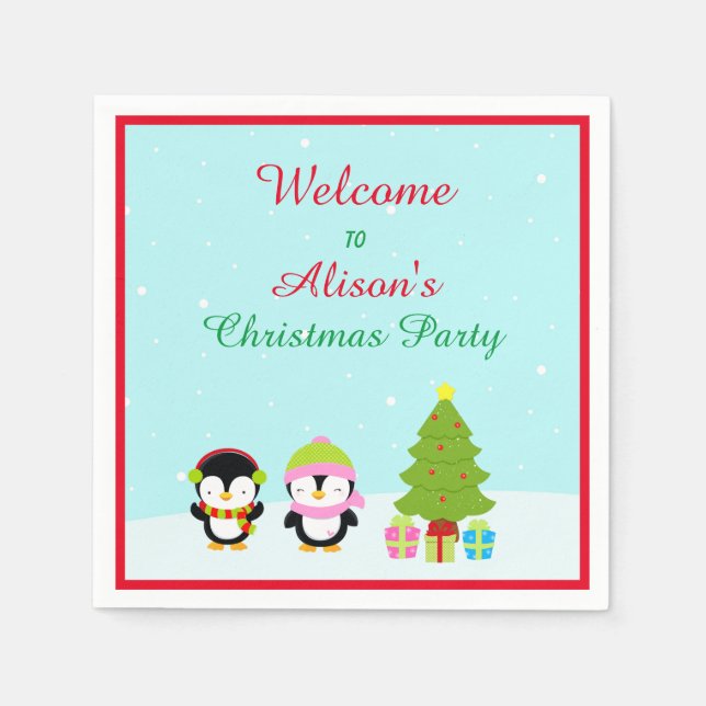 Niedliche Weihnachts-Pinguine und Baum Serviette (Vorderseite)