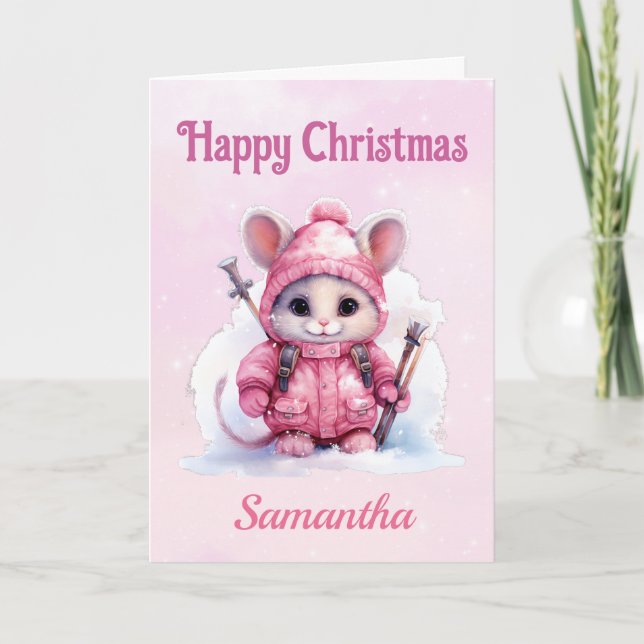 Niedliche Weihnachts-Rosa-Winter-Maus Feiertagskarte (Vorderseite)