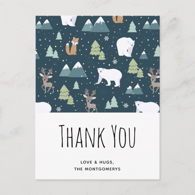 Niedliche Weihnachts-Wintertiermuster Vielen Dank Postkarte (Vorderseite)