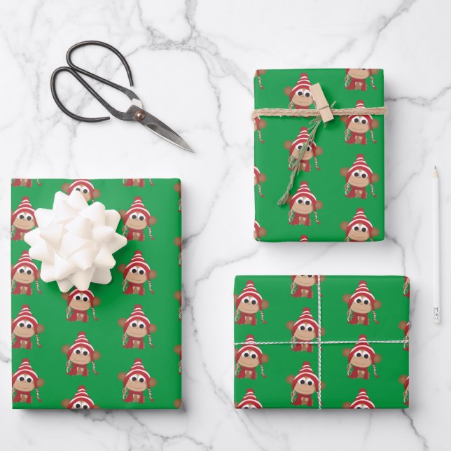 Niedliche Weihnachtsaffen Geschenkpapier Set (Vorderseite)