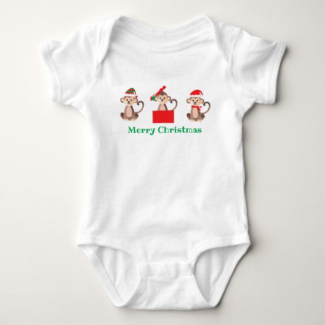 Niedliche Weihnachtsaffen Santa Elf Rot Grün Baby Strampler (Vorderseite)