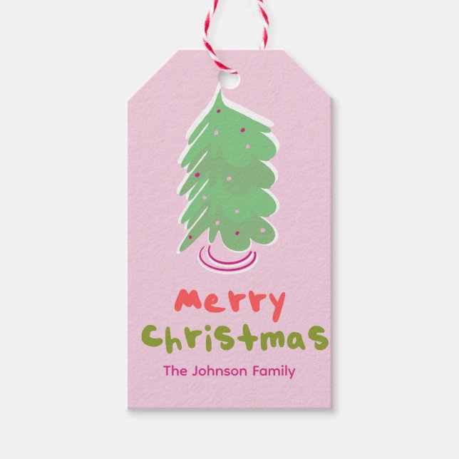 Niedliche Weihnachtsbaum Pink Familiengeschenk Tag Geschenkanhänger (Vorderseite)