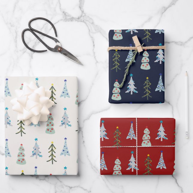 Niedliche Weihnachtsbäume Geschenkpapier Set (Vorderseite)