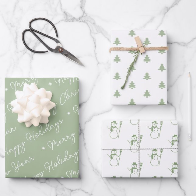 Niedliche Weihnachtsbaumen der Moderne Sage Green  Geschenkpapier Set (Vorderseite)