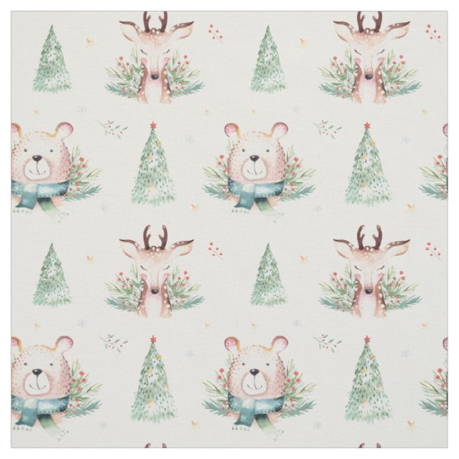 Niedliche Weihnachtsbaumen Waldbären & Hirsche Stoff (Muster)