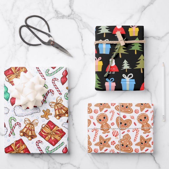 Niedliche Weihnachtsbaumglocken Gingerbrotmuster Geschenkpapier Set (Vorderseite)