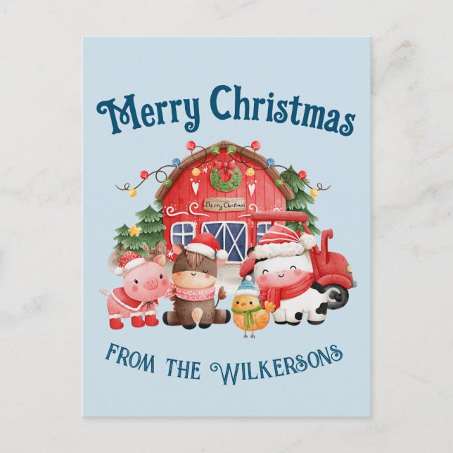 Niedliche Weihnachtsbaumtiere auf Light Blue Postkarte (Vorderseite)