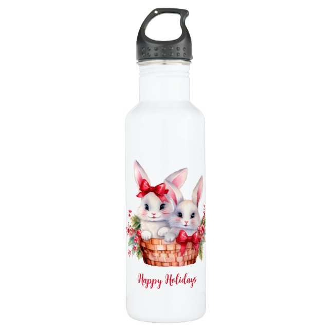 Niedliche Weihnachtsbunnies in einem Korb Edelstahlflasche (Vorderseite)