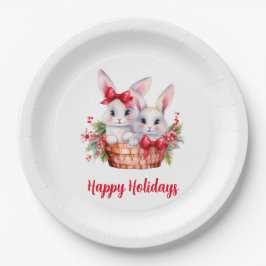 Niedliche Weihnachtsbunnies in einem Korb Pappteller