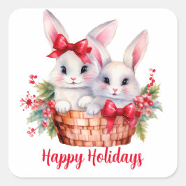 Niedliche Weihnachtsbunnies in einem Korb Quadratischer Aufkleber