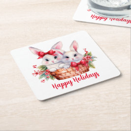 Niedliche Weihnachtsbunnies in einem Korb Rechteckiger Pappuntersetzer
