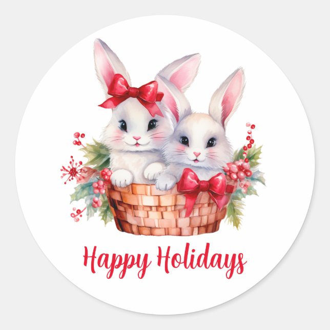 Niedliche Weihnachtsbunnies in einem Korb Runder Aufkleber (Vorderseite)