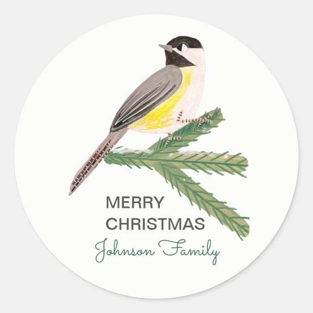 Niedliche Weihnachtschickade, gelber Vogel & grüne Runder Aufkleber (Vorderseite)