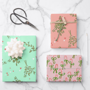Niedliche Weihnachtscreme Canes Mistletoe Xmas Var Geschenkpapier Set
