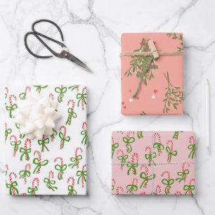 Niedliche Weihnachtscreme Canes Mistletoe Xmas Var Geschenkpapier Set