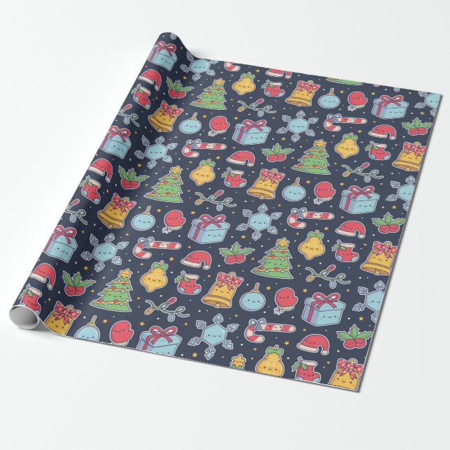 Niedliche Weihnachtsdekoration Doodles Muster Geschenkpapier (Ungerollt)