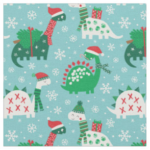 Niedliche Weihnachtsdinosaurier auf blau Stoff
