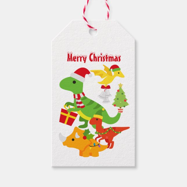 Niedliche Weihnachtsdinosaurier Kids White Geschenkanhänger (Vorderseite)