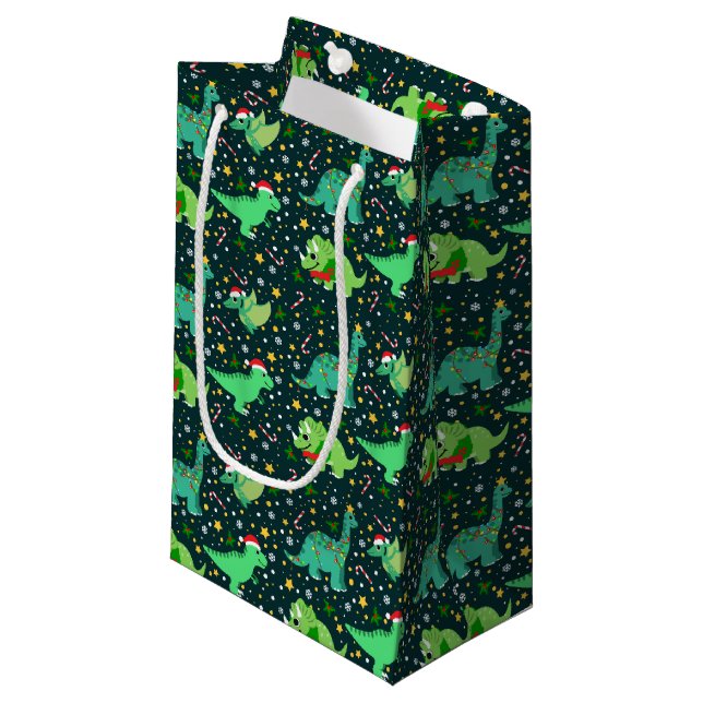 Niedliche Weihnachtsdinosaurier Kleine Geschenktüte (Vorderseite Schrägansicht)