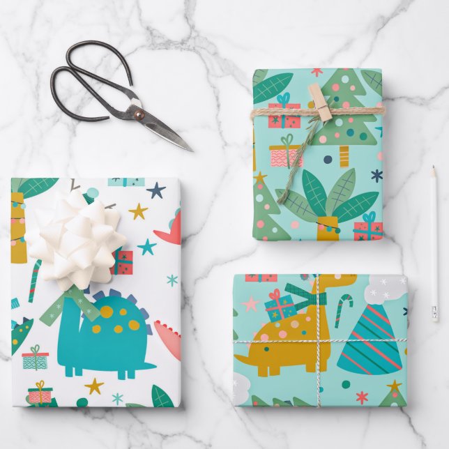 Niedliche Weihnachtsdinosaurier Muster Geschenkpapier Set (Vorderseite)