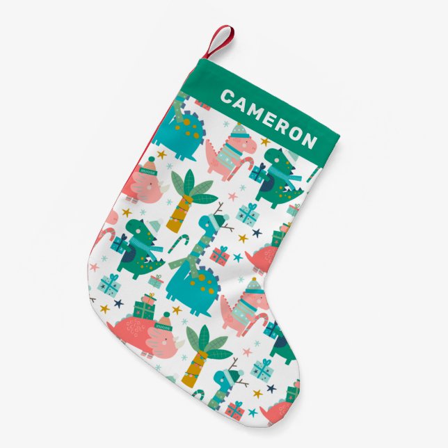 Niedliche Weihnachtsdinosaurier Personalisiert Kleiner Weihnachtsstrumpf (Vorderansicht (hängend))