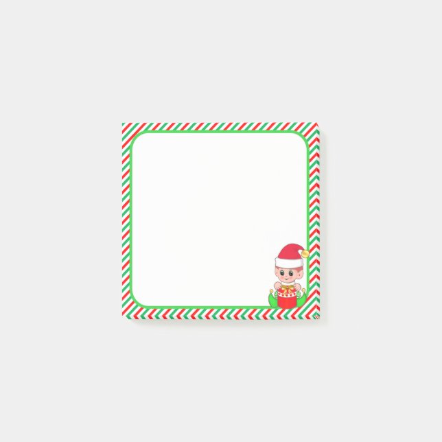 Niedliche Weihnachtself & Grüne, Rote und Weiße Ra Post-it Klebezettel (Vorderseite)
