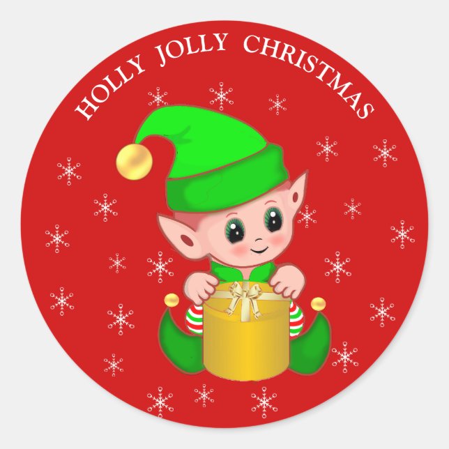 Niedliche Weihnachtself & Schneeflocken auf Rot Runder Aufkleber (Vorderseite)