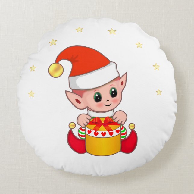 Niedliche Weihnachtself & Sterne Rundes Kissen (Vorderseite)