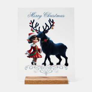 Niedliche Weihnachtself und dunkle Rentiere. Acrylschild