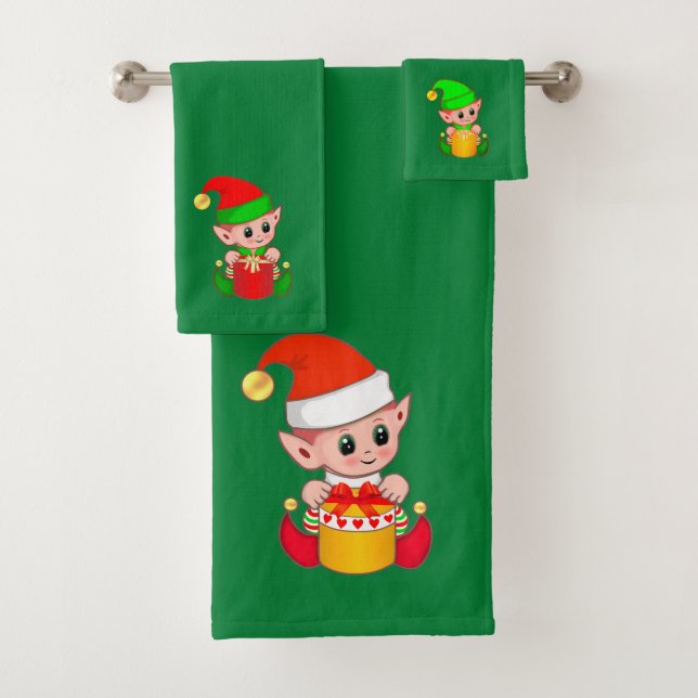 Niedliche Weihnachtselfen auf Grün Badhandtuch Set (Insitu)