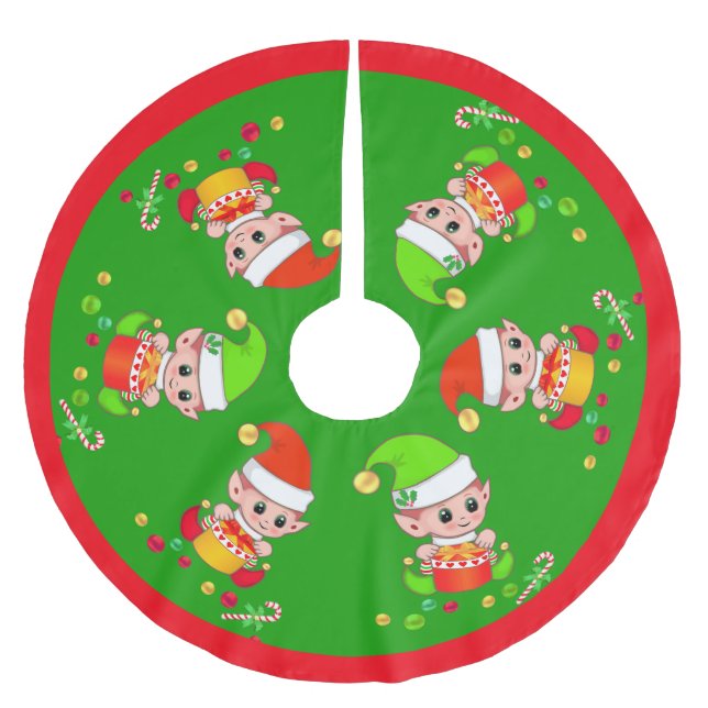 Niedliche Weihnachtselfen auf Grün Polyester Weihnachtsbaumdecke (Vorderseite)