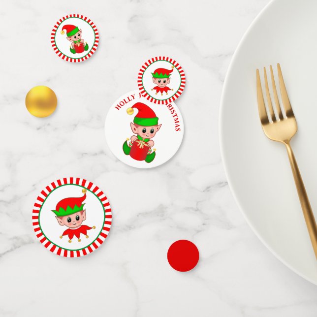 Niedliche Weihnachtselfen auf rot-weiß Konfetti (Gruppe)