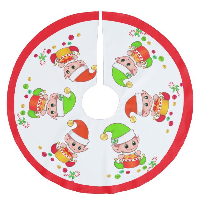 Niedliche Weihnachtselfen in Weiß mit Rotem Rahmen Polyester Weihnachtsbaumdecke (Vorderseite)