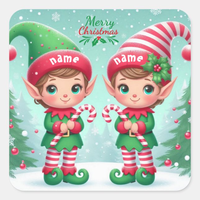 Niedliche Weihnachtselfen Quadratischer Aufkleber (Vorderseite)
