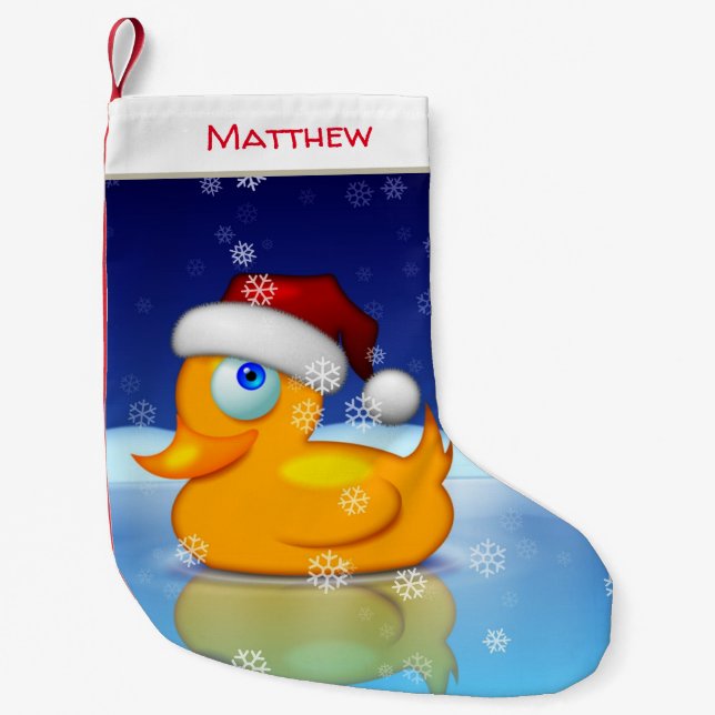 Niedliche Weihnachtsente mit Weihnachtsmannmütze i Kleiner Weihnachtsstrumpf (Vorderseite)