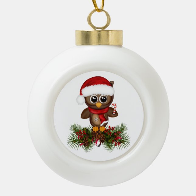 Niedliche Weihnachtseule auf Keramik Kugel-Ornament (Vorderseite)