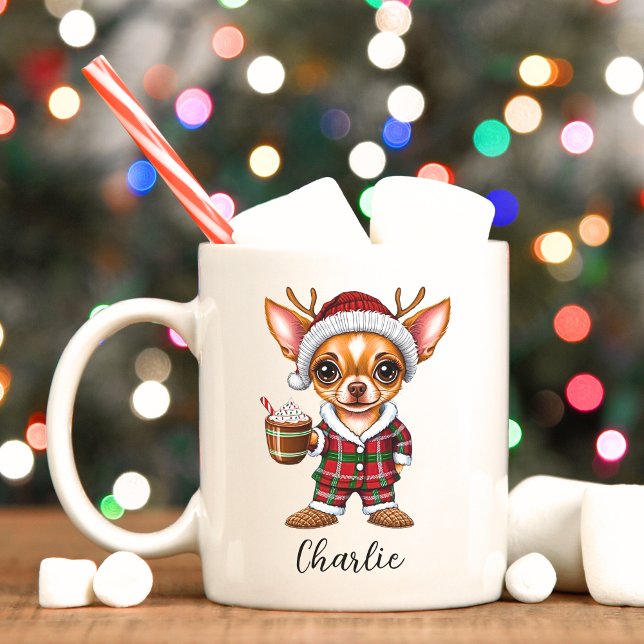 Niedliche Weihnachtsfeier Chihuahua mit Rentier An Kaffeetasse (Chihuahua personalized Christmas mug.)