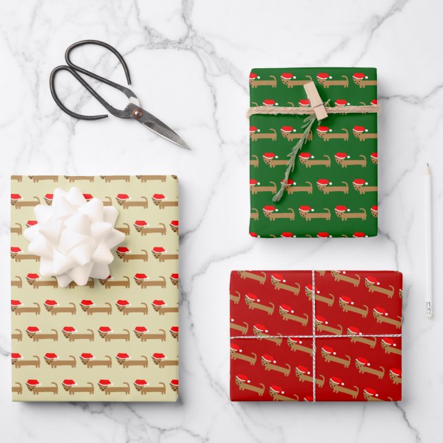 Niedliche Weihnachtsfeier Dackel Hund Cartoon Rot  Geschenkpapier Set (Vorderseite)
