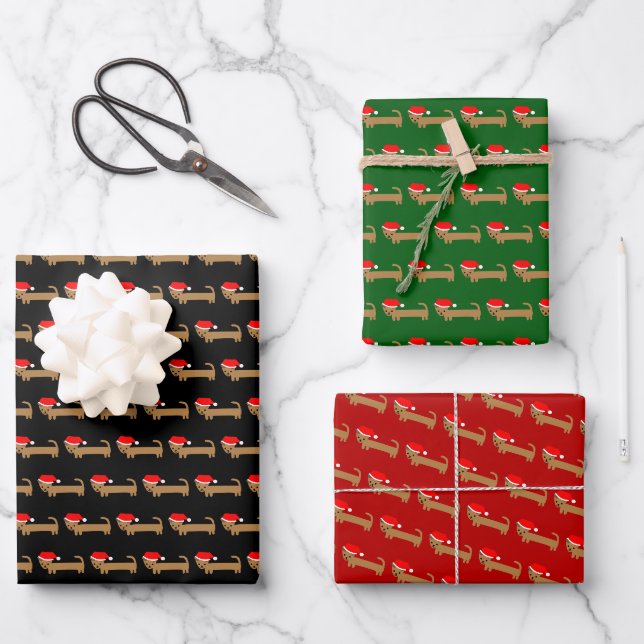 Niedliche Weihnachtsfeier Dackel Hund Cartoon Rot  Geschenkpapier Set (Vorderseite)