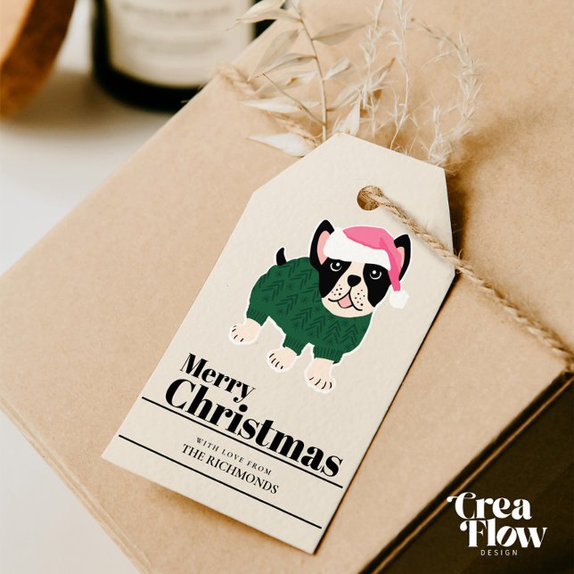 Niedliche Weihnachtsfeier Frenchie Hund personalis Geschenkanhänger (Christmas gift tag featuring Frenchie dog wearing green knitted overall. All text can be edited.)